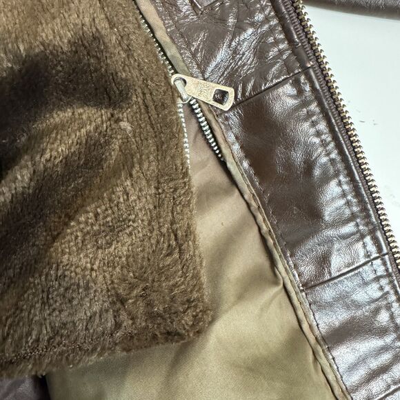 Vintage 80s Brown Leather Bomber Racing Jacket & Removable Faux Fur Liner L/48 - Picture 7 of 16